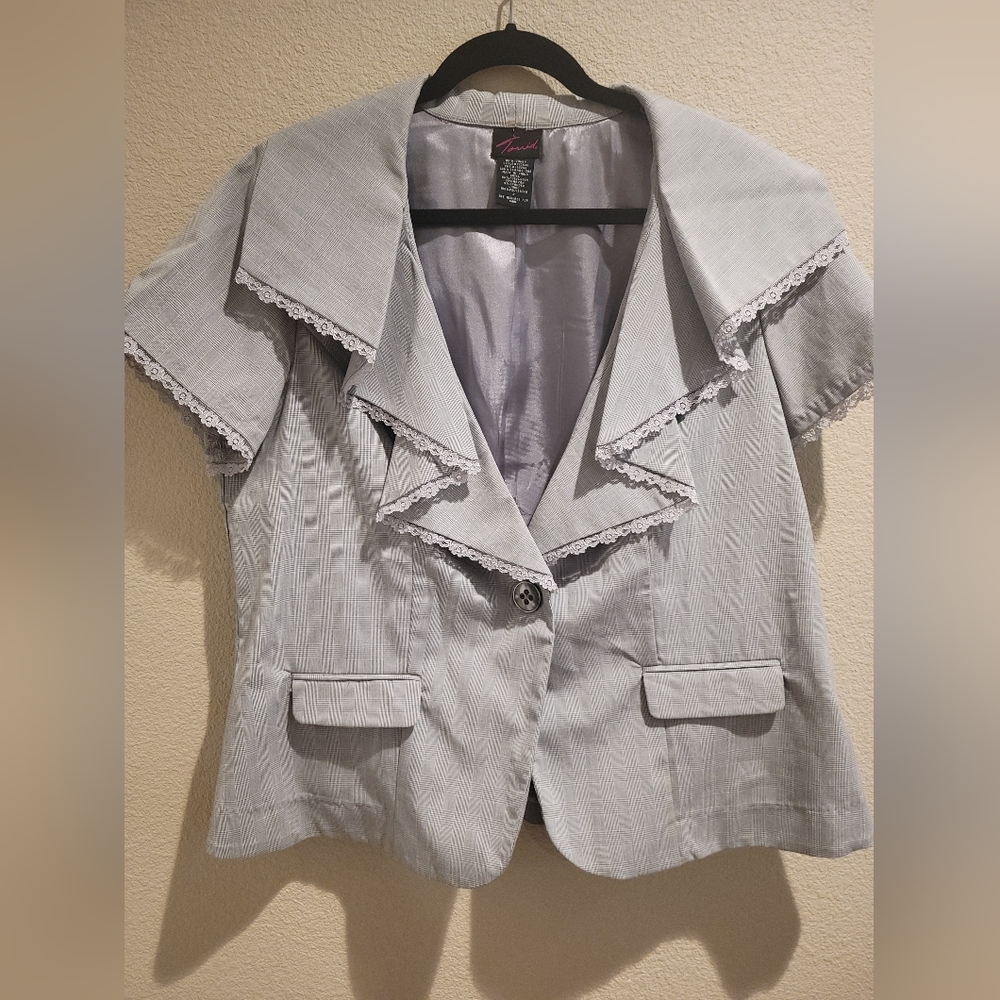 Torrid Gray Short Sleeve Jacket with Lace Trim